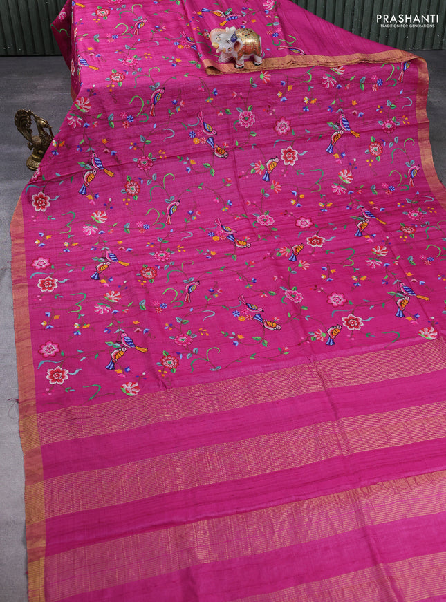 Pure tussar silk saree magenta pink with allover embroidery work and zari woven border