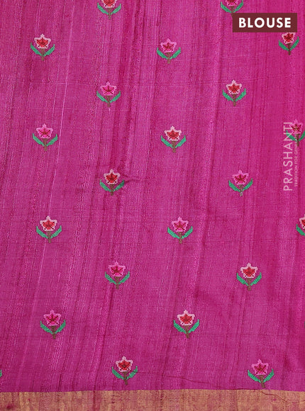 Pure tussar silk saree magenta pink with allover embroidery work and zari woven border