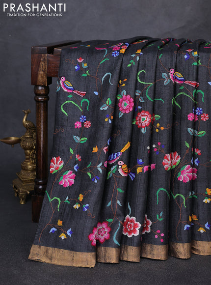 Pure tussar silk saree black with allover embroidery work and zari woven border
