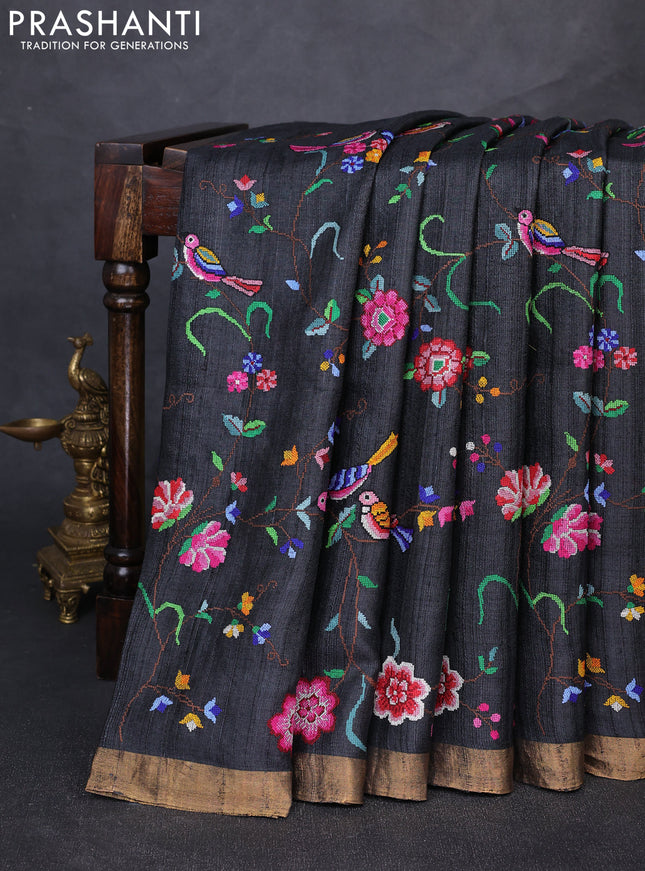Pure tussar silk saree black with allover embroidery work and zari woven border