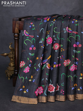 Pure tussar silk saree black with allover embroidery work and zari woven border
