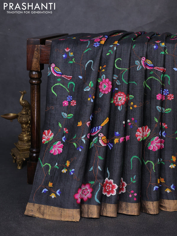 Pure tussar silk saree black with allover embroidery work and zari woven border