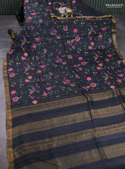 Pure tussar silk saree black with allover embroidery work and zari woven border