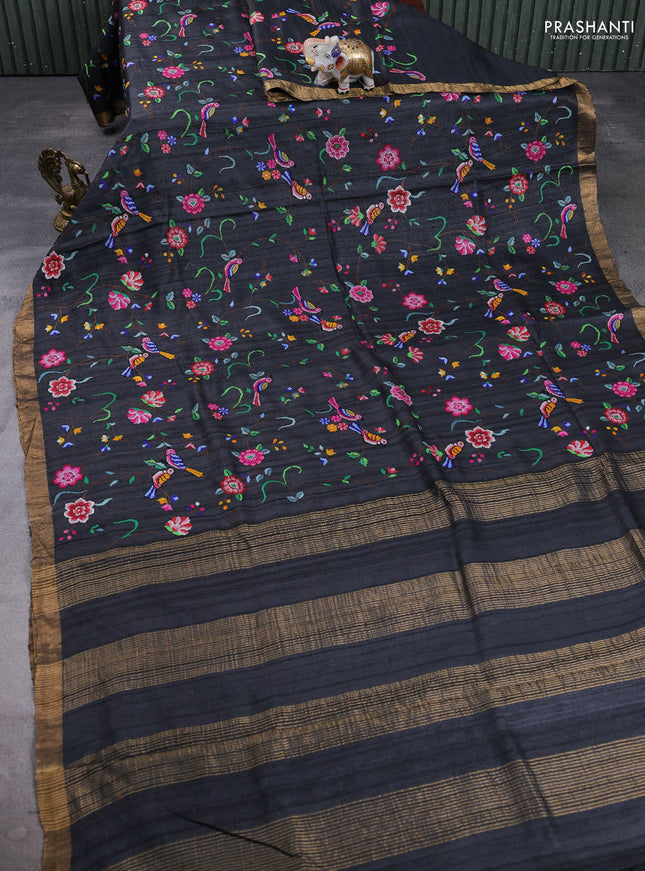 Pure tussar silk saree black with allover embroidery work and zari woven border