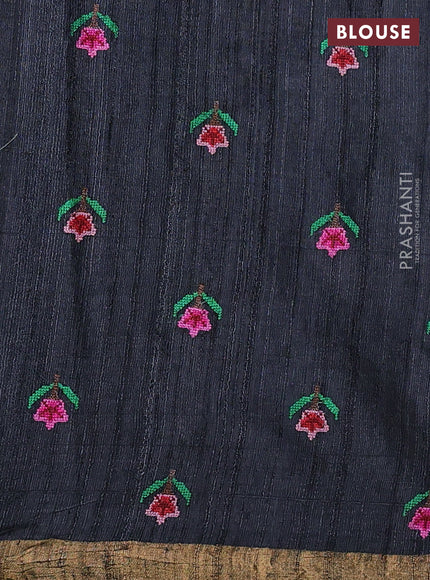 Pure tussar silk saree black with allover embroidery work and zari woven border