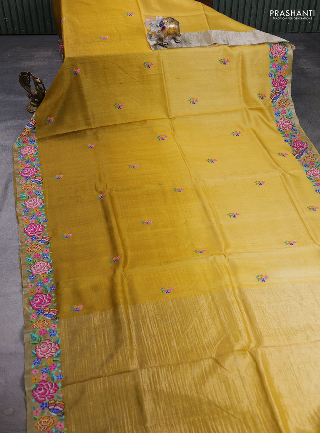 Pure tussar silk saree yellow and mustard yellow with floral thread woven buttas and zari woven embroidery border