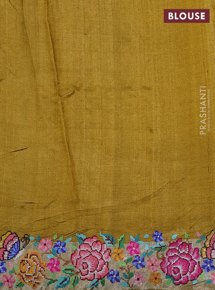 Pure tussar silk saree yellow and mustard yellow with floral thread woven buttas and zari woven embroidery border
