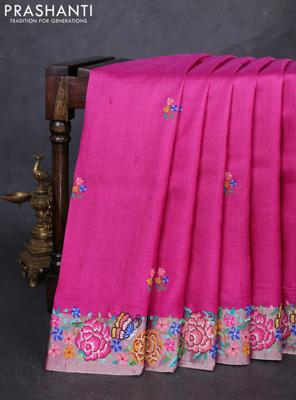 Pure tussar silk saree light pink and pink with floral thread woven buttas and zari woven embroidery border