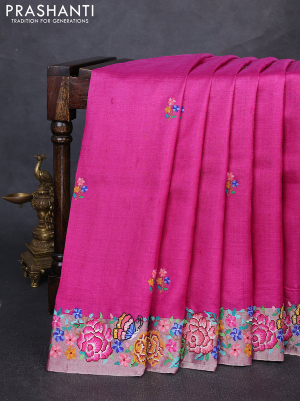 Pure tussar silk saree light pink and pink with floral thread woven buttas and zari woven embroidery border