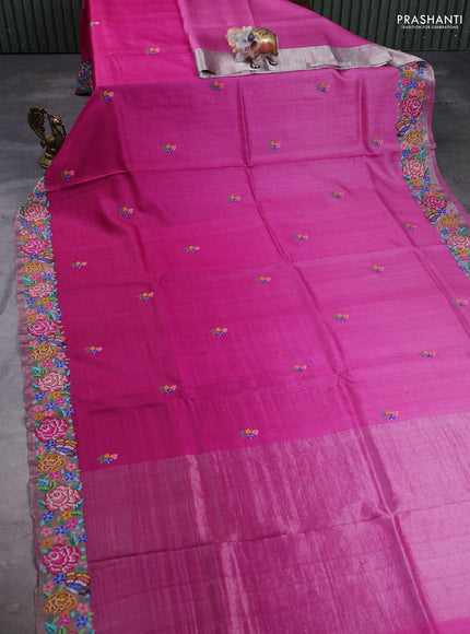 Pure tussar silk saree light pink and pink with floral thread woven buttas and zari woven embroidery border