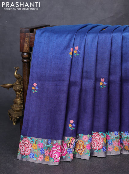 Pure tussar silk saree cs blue and navy blue with floral thread woven buttas and zari woven embroidery border