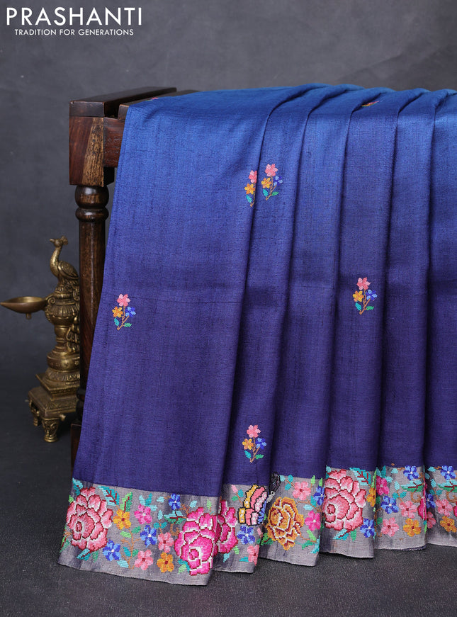 Pure tussar silk saree cs blue and navy blue with floral thread woven buttas and zari woven embroidery border