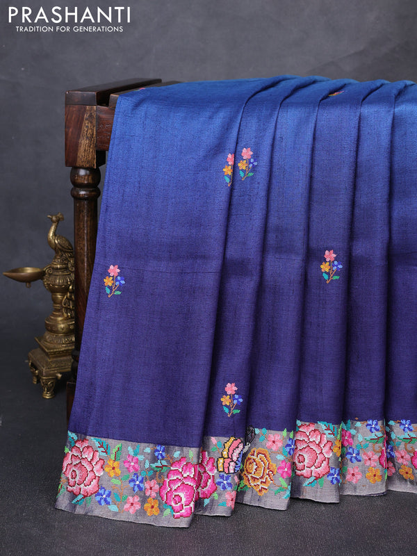 Pure tussar silk saree cs blue and navy blue with floral thread woven buttas and zari woven embroidery border