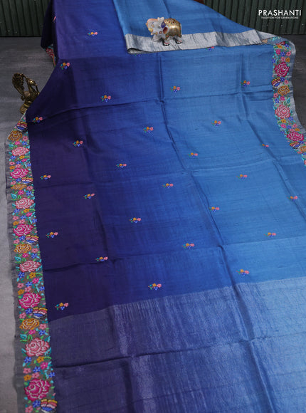 Pure tussar silk saree cs blue and navy blue with floral thread woven buttas and zari woven embroidery border