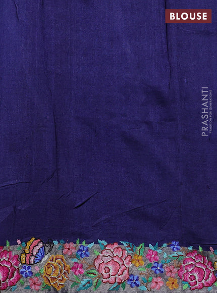 Pure tussar silk saree cs blue and navy blue with floral thread woven buttas and zari woven embroidery border
