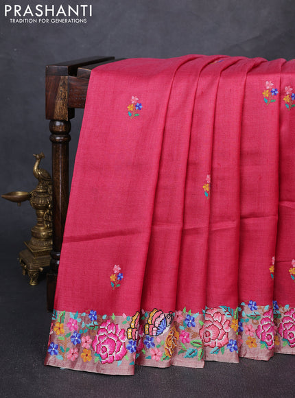 Pure tussar silk saree red shade and maroon with floral thread woven buttas and zari woven embroidery border