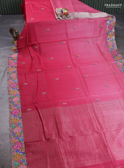 Pure tussar silk saree red shade and maroon with floral thread woven buttas and zari woven embroidery border