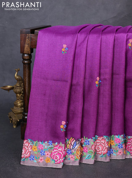 Pure tussar silk saree mild purple and purple with floral thread woven buttas and zari woven embroidery border