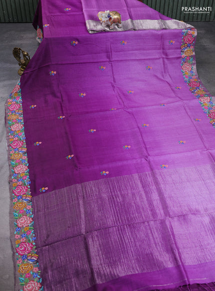 Pure tussar silk saree mild purple and purple with floral thread woven buttas and zari woven embroidery border