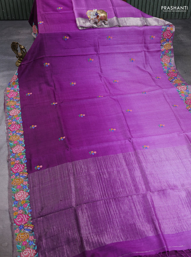 Pure tussar silk saree mild purple and purple with floral thread woven buttas and zari woven embroidery border