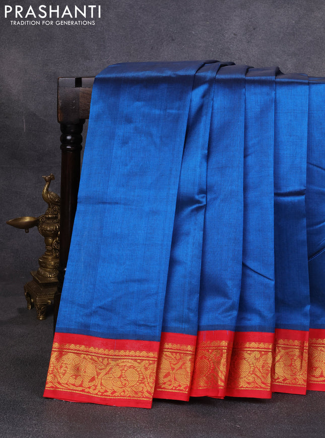 Silk cotton saree peacock blue and red with plain body and zari woven korvai border