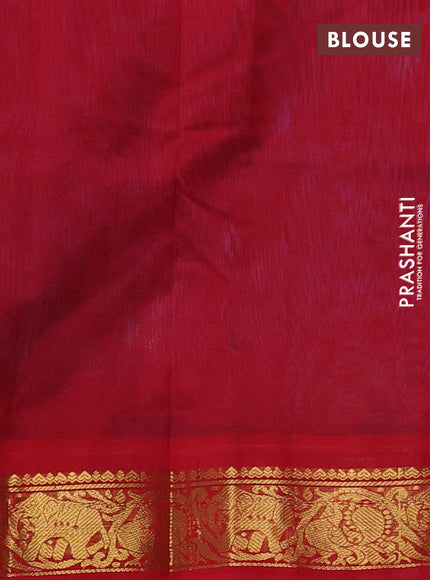 Silk cotton saree peacock blue and red with plain body and zari woven korvai border