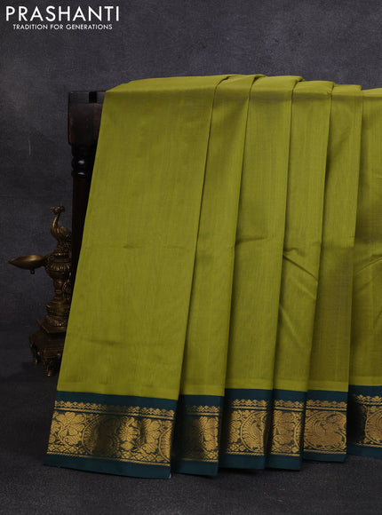Silk cotton saree mehendi green and bottle green with plain body and paisley butta zari woven korvai border