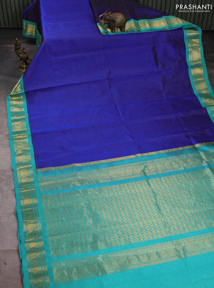 Silk cotton saree royal blue and teal green with allover vairosi pattern and paisley zari woven korvai border