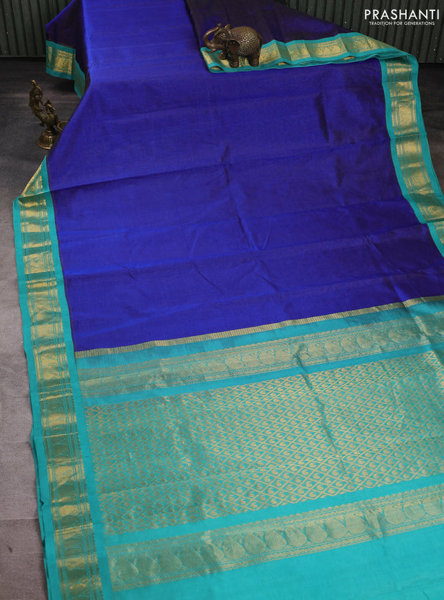 Silk cotton saree royal blue and teal green with allover vairosi pattern and paisley zari woven korvai border