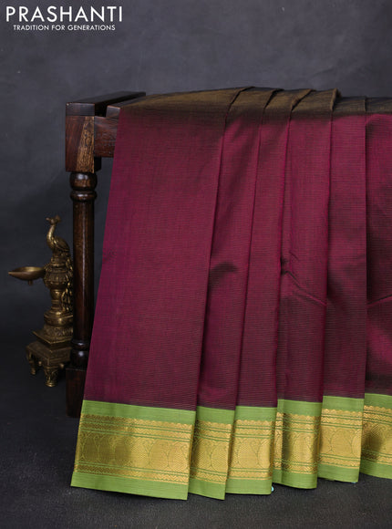 Silk cotton saree deep wine and lime green with allover vairosi pattern and paisley zari woven korvai border