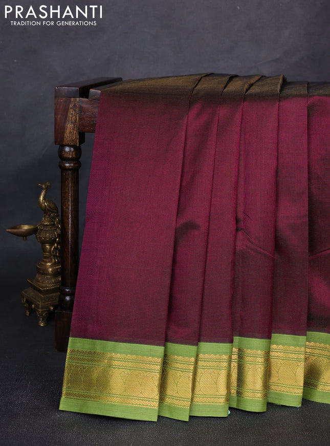 Silk cotton saree deep wine and lime green with allover vairosi pattern and paisley zari woven korvai border