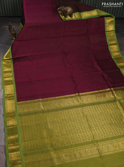 Silk cotton saree deep wine and lime green with allover vairosi pattern and paisley zari woven korvai border