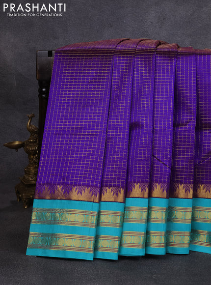 Silk cotton saree violet and teal green with allover zari checked pattern and temple design rettapet zari woven korvai border
