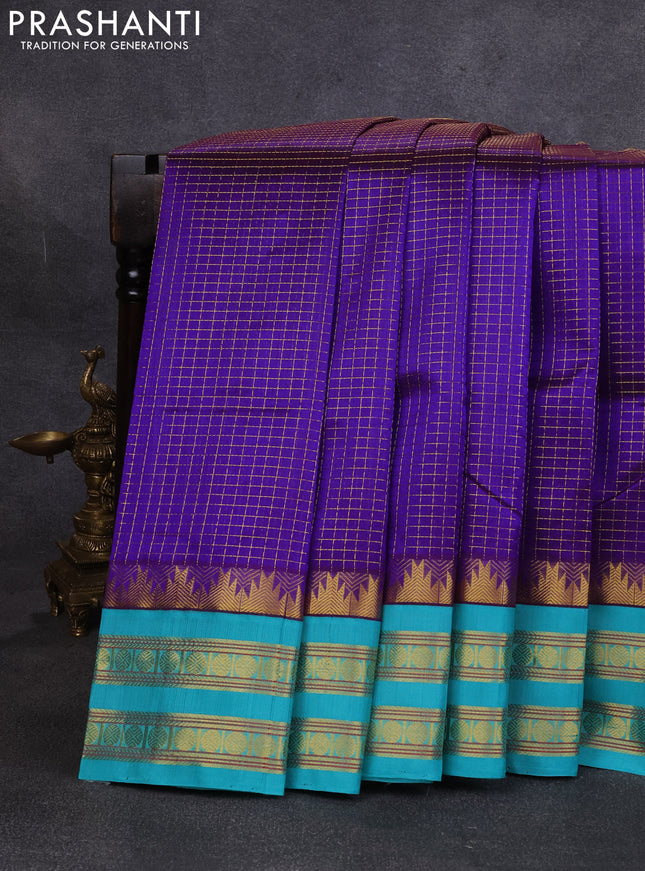 Silk cotton saree violet and teal green with allover zari checked pattern and temple design rettapet zari woven korvai border