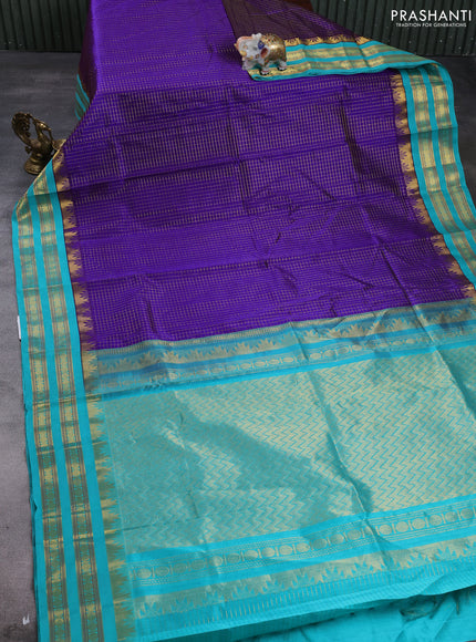 Silk cotton saree violet and teal green with allover zari checked pattern and temple design rettapet zari woven korvai border