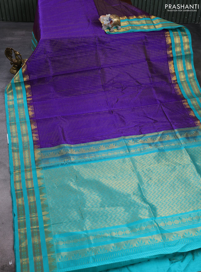 Silk cotton saree violet and teal green with allover zari checked pattern and temple design rettapet zari woven korvai border