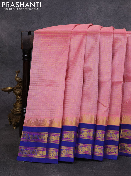 Silk cotton saree peach pink and navy blue with allover zari checked pattern and temple design rettapet zari woven korvai border