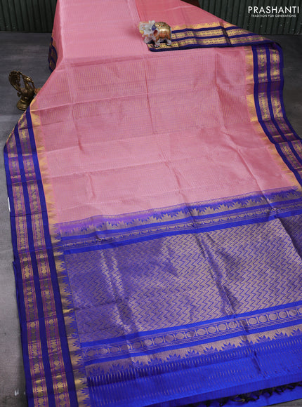 Silk cotton saree peach pink and navy blue with allover zari checked pattern and temple design rettapet zari woven korvai border