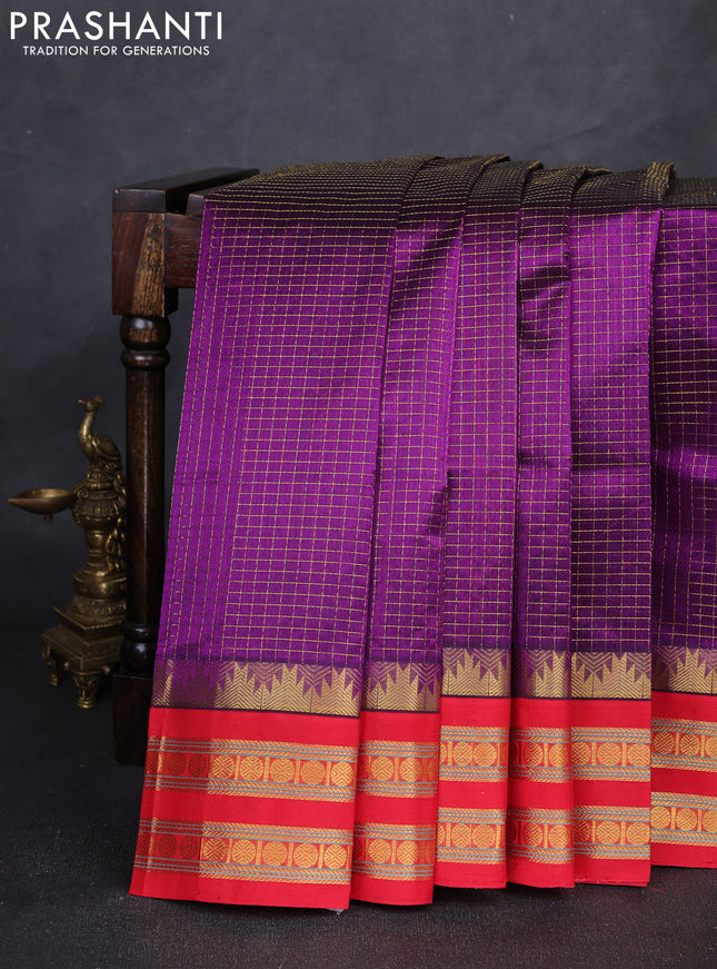 Silk cotton saree purple and red with allover zari checked pattern and temple design rettapet zari woven korvai border