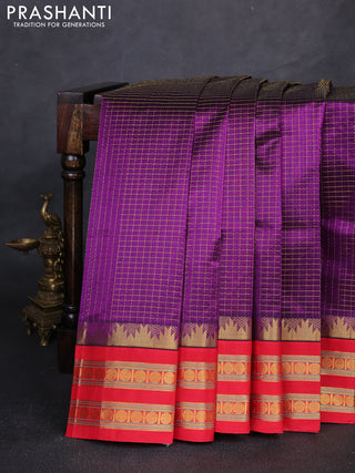 Silk cotton saree purple and red with allover zari checked pattern and temple design rettapet zari woven korvai border