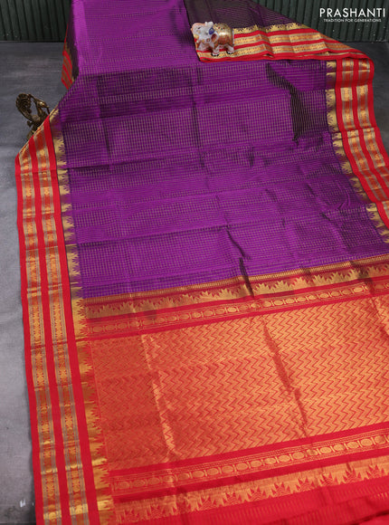 Silk cotton saree purple and red with allover zari checked pattern and temple design rettapet zari woven korvai border