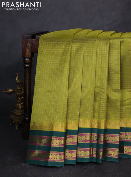 Silk cotton saree mehendi green and bottle green with allover zari checked pattern and temple design rettapet zari woven korvai border