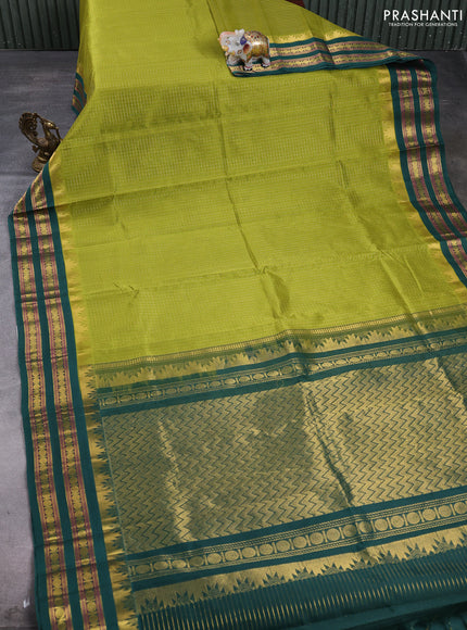 Silk cotton saree mehendi green and bottle green with allover zari checked pattern and temple design rettapet zari woven korvai border