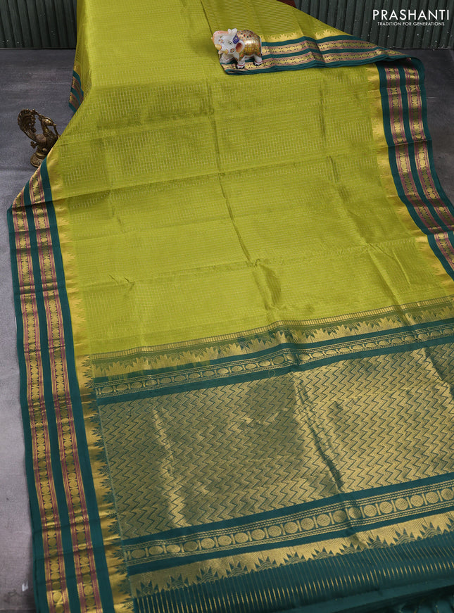 Silk cotton saree mehendi green and bottle green with allover zari checked pattern and temple design rettapet zari woven korvai border