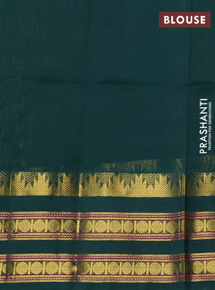 Silk cotton saree mehendi green and bottle green with allover zari checked pattern and temple design rettapet zari woven korvai border