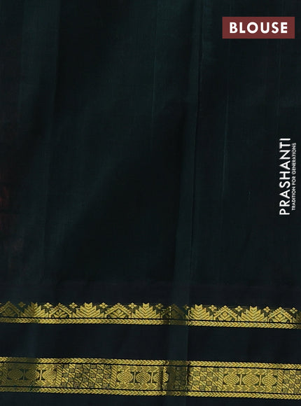 Silk cotton saree dark peach and bottle green with plain body and temple design rettapet zari woven korvai border