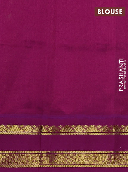 Silk cotton saree pista green and purple with plain body and temple design rettapet zari woven korvai border