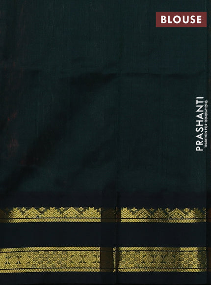 Silk cotton saree dark peach and bottle green with plain body and temple design rettapet zari woven korvai border