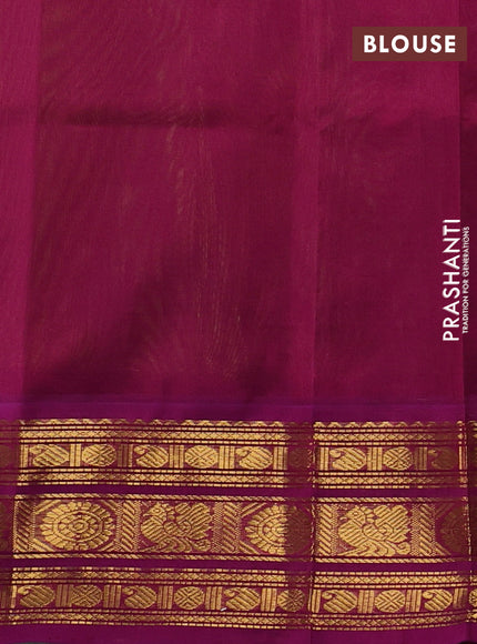 Silk cotton saree pista green and purple with plain body and zari woven butta korvai border