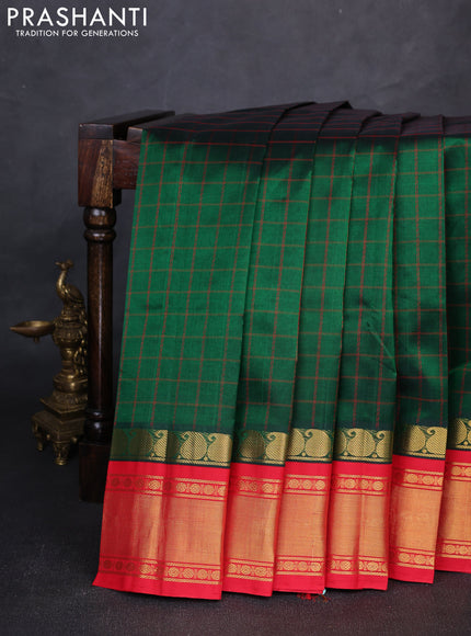 Silk cotton saree bottle green and red with allover thread checked pattern and paisley butta zari woven korvai border